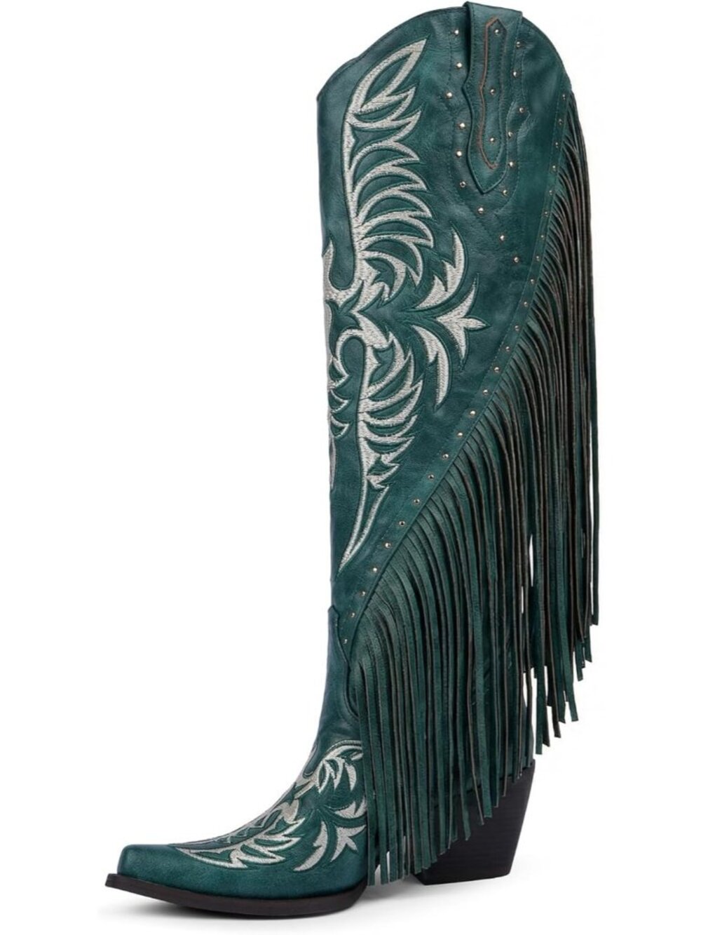 Women's Green Pu Faux Leather Western Knee High Boots Fringe Cowgirl Style